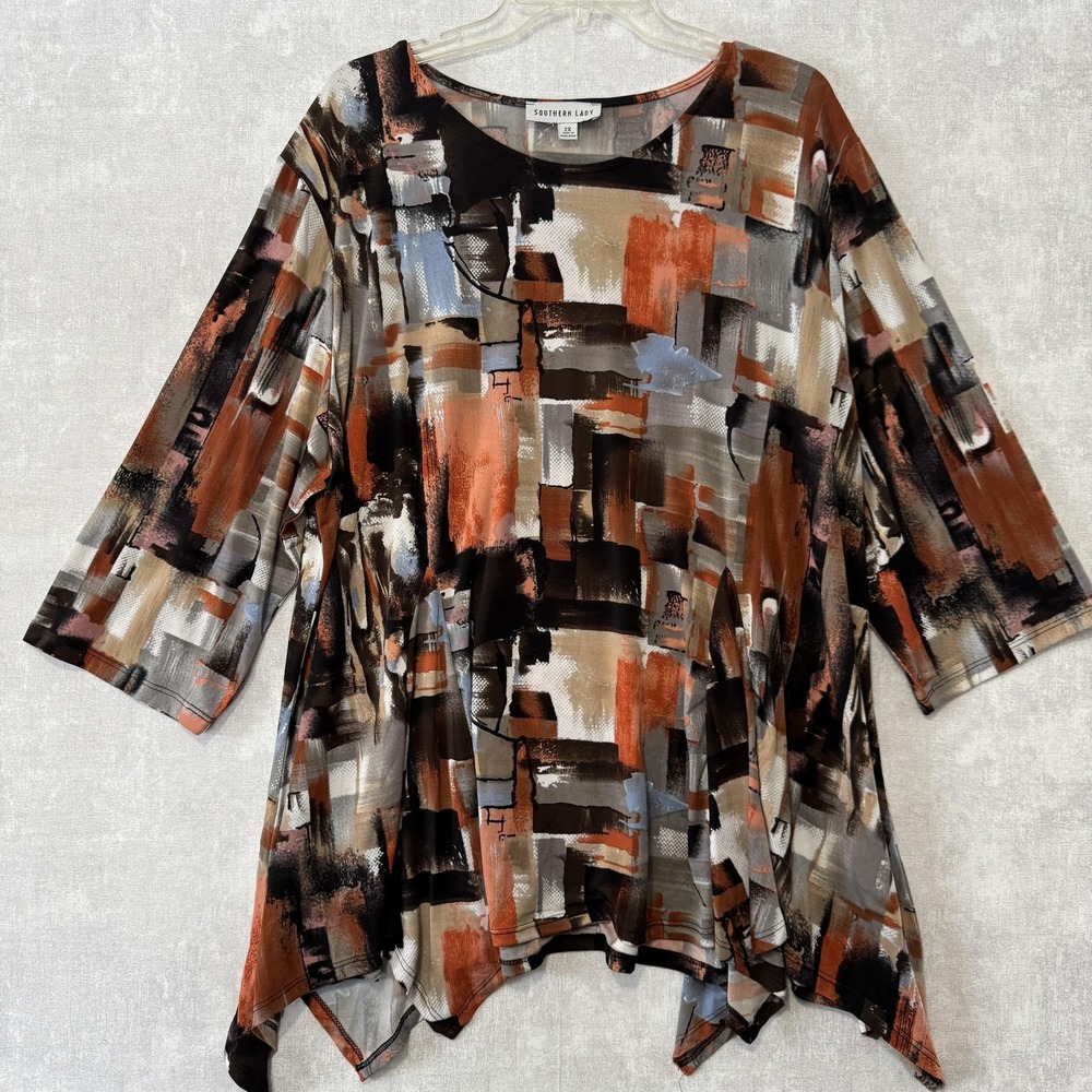 Southern Lady Blouse Womens 2X Multicolor Abstract 3/4 Sleeve Tunic Top